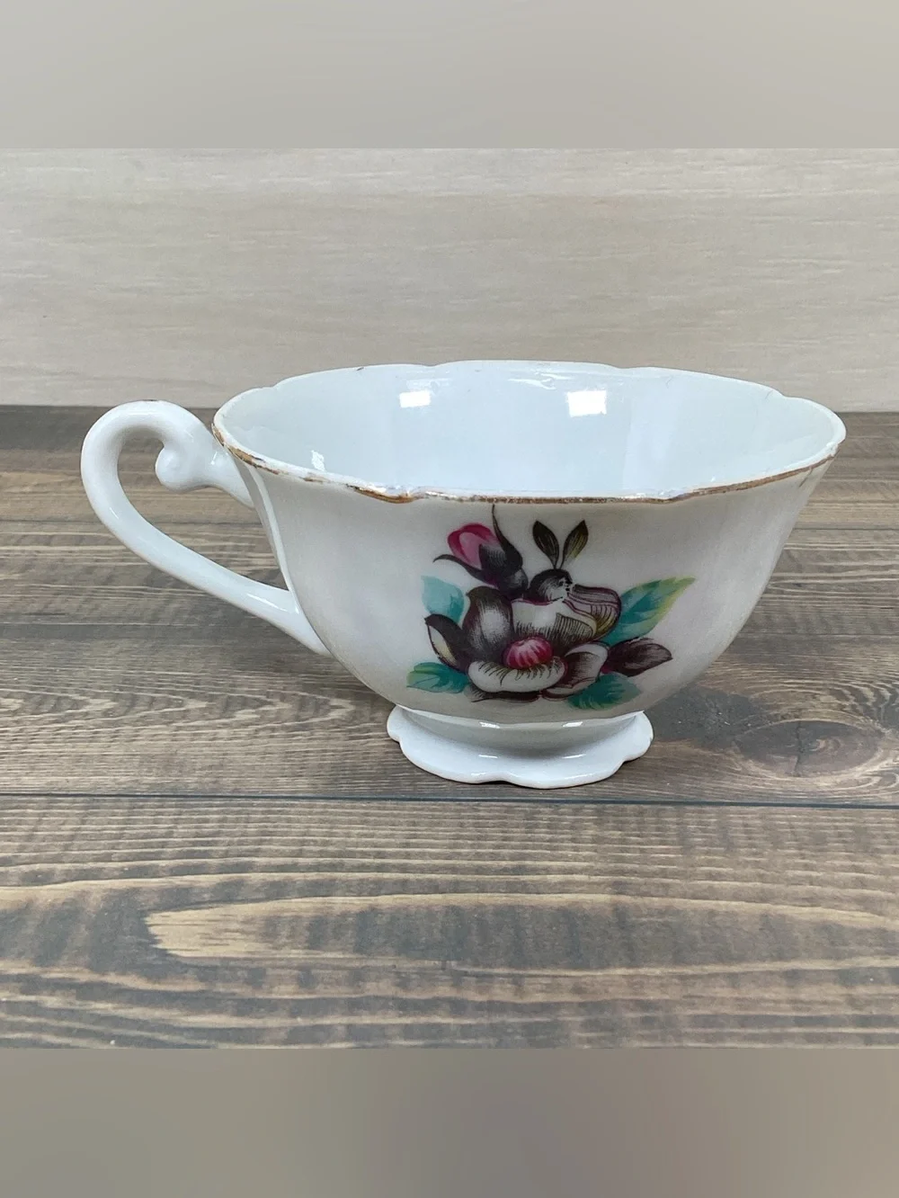 Vintage Shafford Japan Hand Painted Pink & Gray Floral Roses Teacup & Saucer Set
